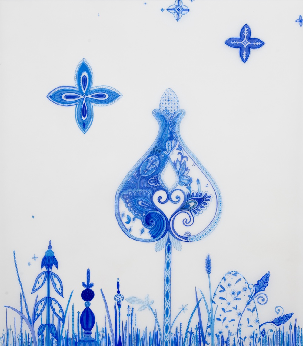 Kirsten Hassenfeld, Blueware Drawing Number One (2009): Ink on vellum, 20½” x 18”. Courtesy of the artist and Cade Tompkins Editions/Projects